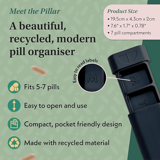 Pillar - 7-Day Pill Organizer | Weekly Medicine Pill Container Travel Box - Aesthetic Medication Holder - Stylish Travel Pill Case - Cute Small Medication Organizer 7 Day for Women (Jet Black)