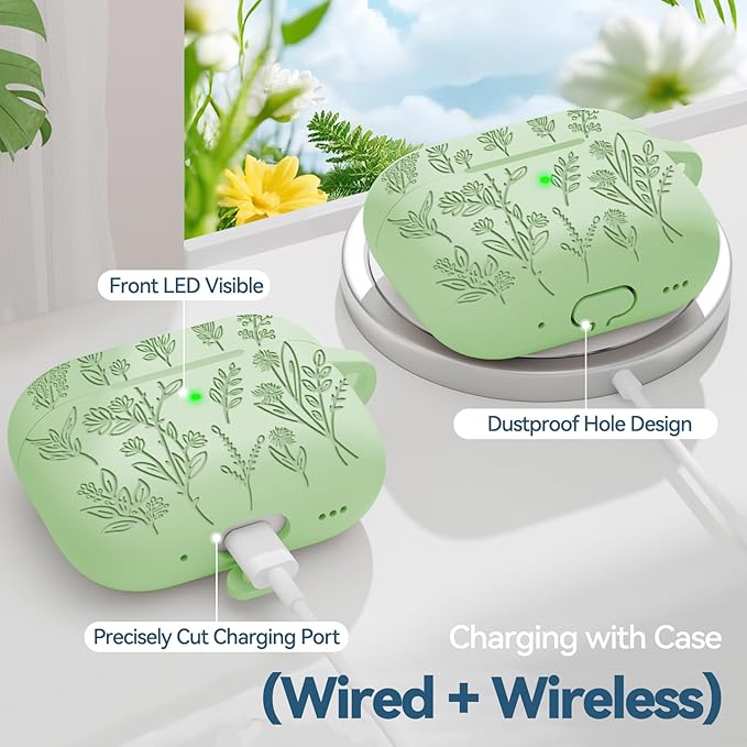 for AirPods Pro 2 Case with Magnetic Lid, Ekoonpft Flower Engraved Silicone Case for Apple AirPods Pro 2nd/1st Generation (2023/2022/2019) Cover with Cleaning Kit & Keychain