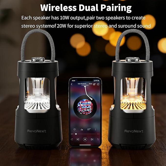 Revonext Camping Lantern Bluetooth Speaker, Outdoor Waterproof Wireless Speaker with Dual-Color Ambient Light, Bluetooth 5.3 Portable Speaker with TWS Stereo for Camping Hiking Patio Backyard