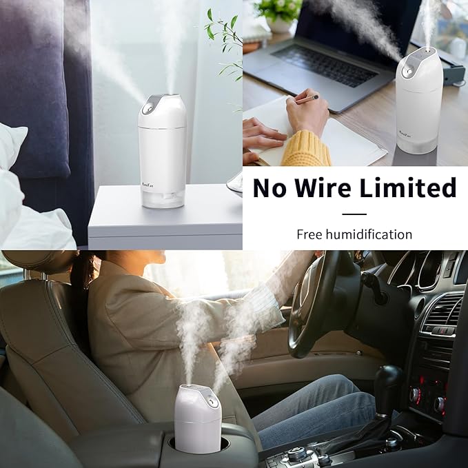 HandFan Small Portable Humidifier Rechargeable, 480ml Wireless Ultrasonic humidifier Battery Operated, Mini Personal Cordless Cool Mist Humidifiers, for Bedroom Office Travel Car Plants(Gray)