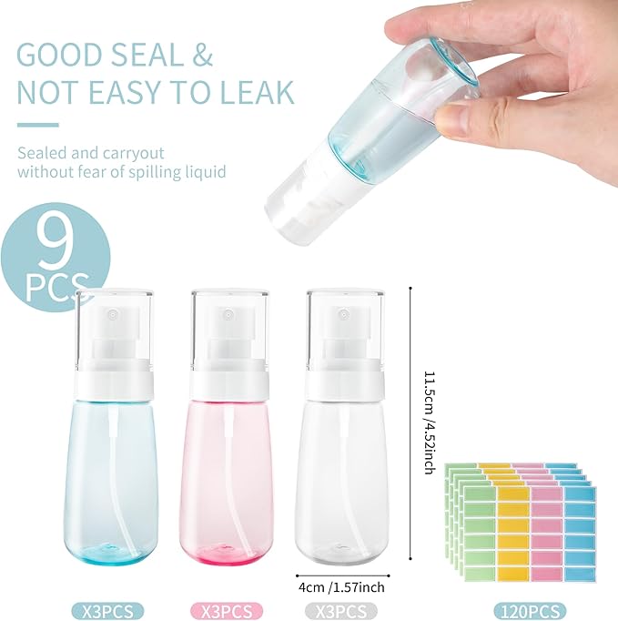9 Pcs Travel Spray Bottle 60ml/2oz Leak Proof Fine Mist Spray Bottles Empty Mini Makeup Face Spray Bottle Clear Refillable Travel Containers for Perfume Cosmetic Essential Oil, 3 Color(120pcs Labels)