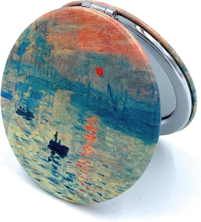 Compact Mirror Magnifying Makeup Mirror Pink Pocket Mirror Vintage Small Gifts for Women Claude Monet Art Prints Sunrise Artistic Makeup Gift, Diameter 2.75 x 0.4 Thickness