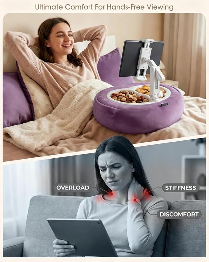Miledi Tablet Pillow Stand, Compatible with 5"-12.9" Kindle, iPad, Phone/Tablet, 360° Rotating Phone Holder for Bed, Soft Plush Fabric, Detachable Bowl, Reading and Relaxation on Bed, Purple