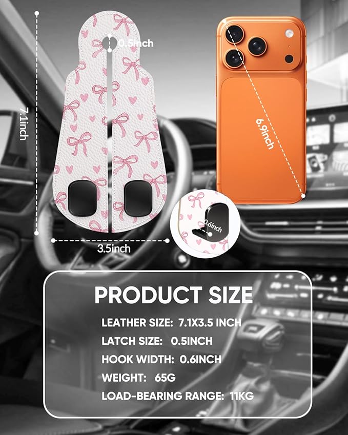 WOCOCN Purse Holder for Car, 2 Pack Heavy Duty Purse Hanger for Car, PU Leather Car Seat Hooks for Purses and Bags, Cute Pink Bow Headrest Organizer for Handbags & Backpacks