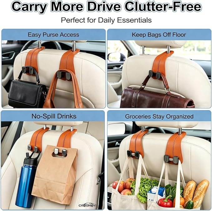 CHOSMOYI 2 Packs Car Seat Hooks, Leather Car Headrest Hook, Car Purse Hook Seat Back Hanger Storage Organizer, Car Hook for Purses and Bags(Coral Orange)