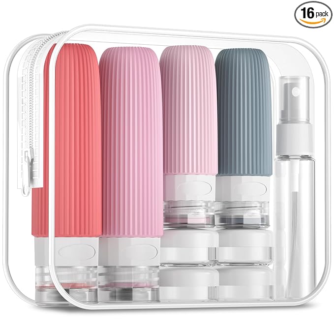 Mrsdry 16 Pack Travel Bottles Set, TSA Approved Leak Proof Silicone Squeezable Containers for Toiletries, Refillable Travel Accessories for Conditioner, Shampoo, Lotion & Body Wash Accessories