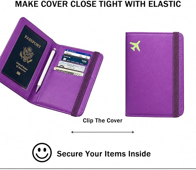 ZOPPEN RFID Blocking Passport Holder for Travel – PU Leather Waterproof Lightweight Passport Cover Wallet for Women Men, Travel Organizer with Card Slots for Airline Tickets & Passport Book, Purple