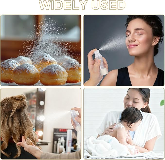jojofuny Powder Spray Bottle for Travel - 35ML Leak-Proof Locking Nozzle Fine Mist Dispenser, Portable Clear Refillable Container for Baby Powder, Dry Shampoo and Glitter
