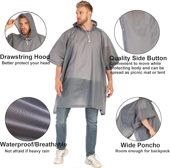 Rain Ponchos for Adults, 2 Pack Raincoats Jacket Reusbale with Drawstring Hood Sleeves for Women Men