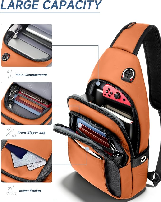 Anti-Theft Sling Bag for Women&Men, Water Resistant Crossbody Bag Mini Backpack, Lightweight Travel Hiking Chest Pack, Built-in Audio Port, Reversible Strap, Fits 11 inch iPad & Switch 2