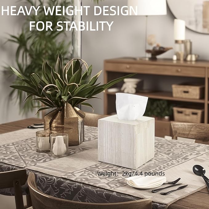 Natural Marble Tissue Box Holder Cover, Square Cube Tissue Box Holder with Open Bottom for Bathroom Vanity Tops, Bedroom Dressers, Kitchen Countertop, Gray Wood Grain (NS035)