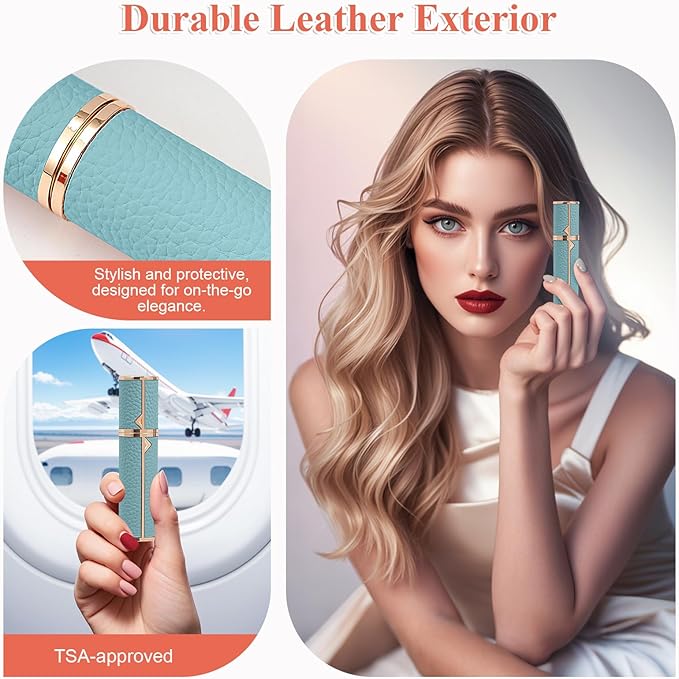 Refillable Travel Perfume Bottle – Fine Mist Atomizer, Bottom Fill, Genuine Leather Shell, TSA Approved, For Daily Refresh & Travel (Light Blue, 10ml)