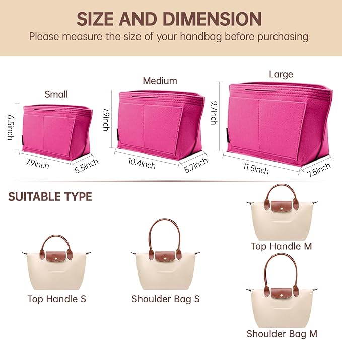 OPPOSHE Purse Organizer Insert for Longchamp Le Pliage, Premium Felt Long Champ Bag Handbag Women, Tote Organizer Insert with 9 Compartments (Large, Rosy)