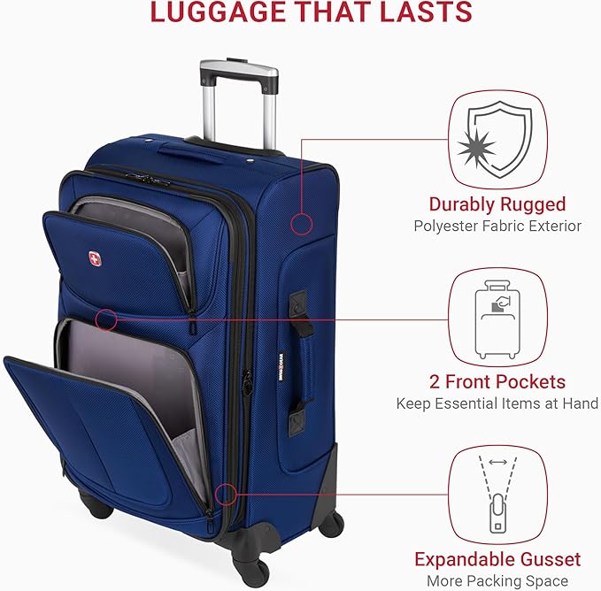 SWISSGEAR Sion Softside Expandable Spinner Luggage Durable Lightweight Travel Suitcase, Blue, Checked-Medium