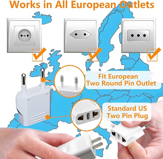 US to Europe Plug Adapter - European Travel Plug Adapter,Type C Wall Plug Power Converter for Europe,White,8 Pack