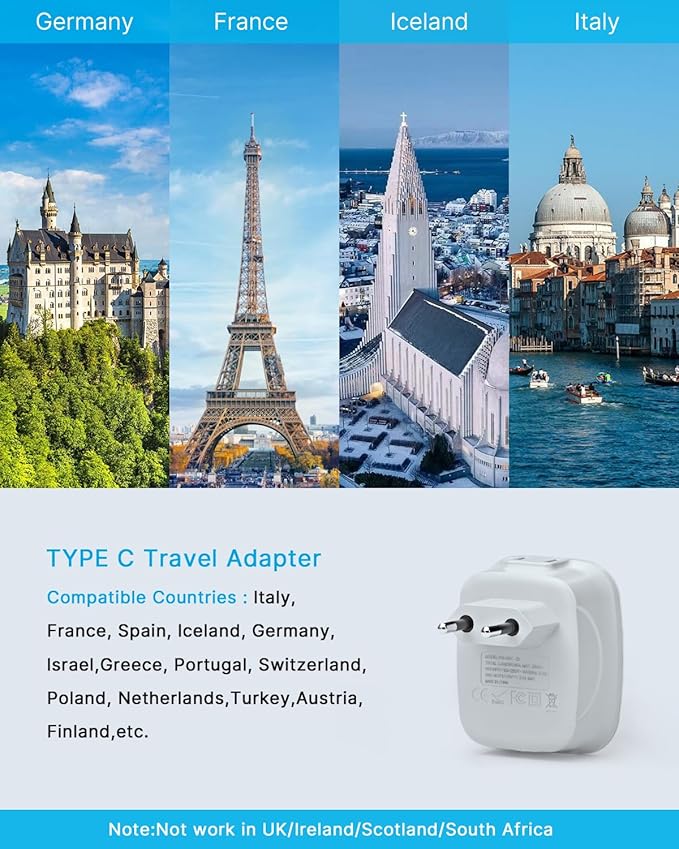 2 Pack European Travel Plug Adapter, VINTAR International Power Plug Adapter with 2 USB Ports,2 American Outlets- 4 in 1 Outlet Adapter,Travel Essentials to Italy,Greece,France, Spain (Type C)