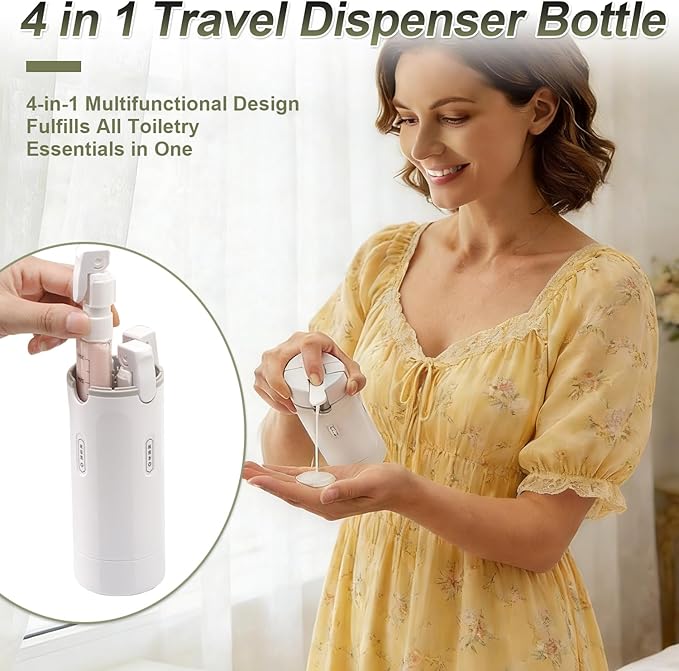 4 in 1 Travel Pump Dispenser Bottle, 30ML 4 Pack Leak-Proof Pump Containers with Measurement Scale & Label Stickers, Portable Bottles for Toiletries, Shower & Travel Use (White)
