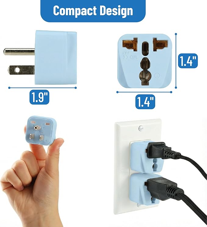 Bates- Universal Travel Plug Adapter, 2 Pack, Pastel Blue, Converts EU/UK/AU/Asia Plugs to USA Outlet, Europe to US Plug Adapter, UK to US Outlet, Compact Design for Home, Office