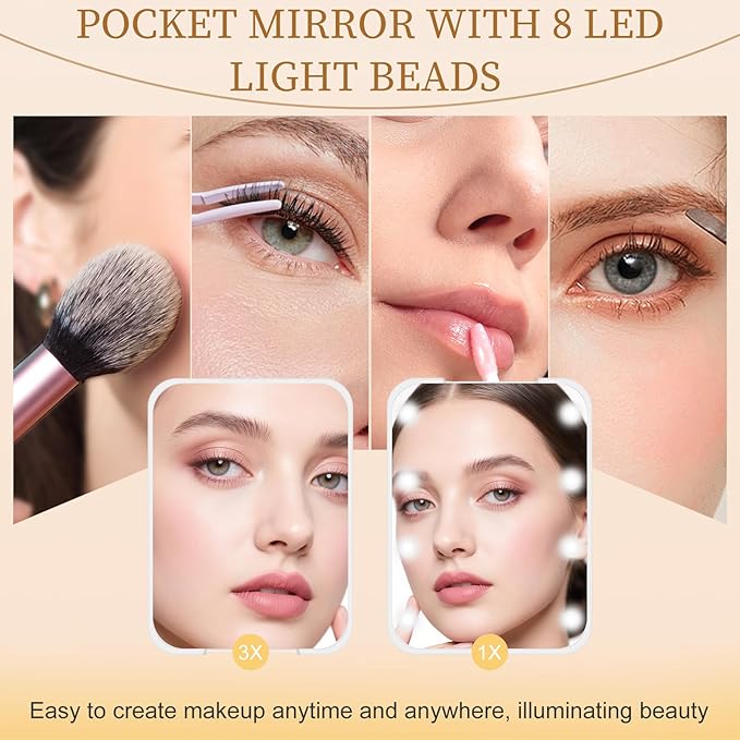 Kakuje Compact Mirror, 1X/3X Magnification LED Pocket Mirror with Nternal BIattery, Mini Mirror for Purse, Pocket,Travel and Present (White)