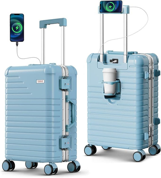 20 Inch Carry on Luggage with Cup Holder, Airline Approved 22x14x9 Aluminum Frame PC Hard Shell Suitcase, 360° Spinner Wheels, TSA Lock for Short Trips and Business Travel