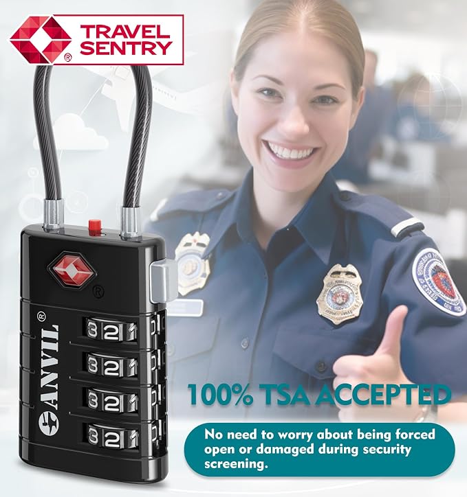 ANVIL TSA Approved Luggage Locks with Search Alert Indicator, 4-Digit Combination Suitcase Lock, Advanced TSA008 Core Heavy Duty Anti-Theft Travel Lock for Double Zippers, Backpacks