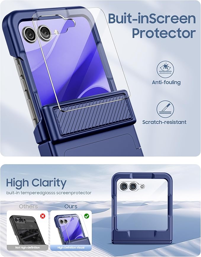 for Motorola Razr 2025 Case/Razr 2024 Case with Card Holder RFID Blocking, Built in Hinge Protection,Screen Protector,Full Body Rugged Shockproof Phone Case for Razr 2025/2024 (Sapphire Blue)