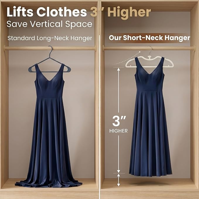 20 Pack Short Neck Hangers - Lifts Clothes 3" Higher to Prevent Dragging, Upgraded Liquid Silicone Non-Slip Hangers, Lint-Free Alternative to Velvet Hangers, Closet Organization, Cream