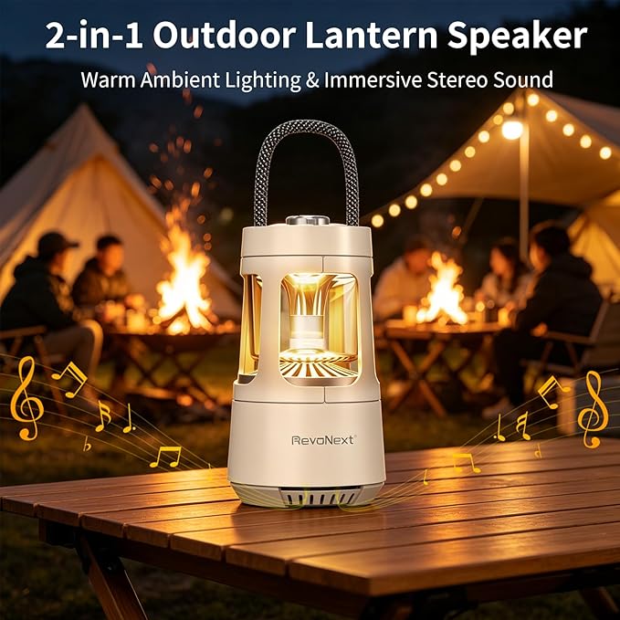 Revonext Bluetooth Speaker Lantern 4000mAh,IPX4 Waterproof Rechargeable Camping Lantern with Bluetooth Speaker for Power Outage, Hurricane, Hiking Party Garden Patio,Outdoor Music Party (White)