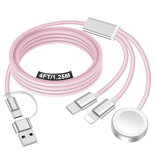 Travel Essentials for Apple Watch Charger,iPhone Charger,3 in 2 Type C/Lightning/Magnetic Travel Charging Cable,Portable Multi Charging Cable for Apple Watch, iPhone 17‑11,Samsung S26,Car,iPad-4FT