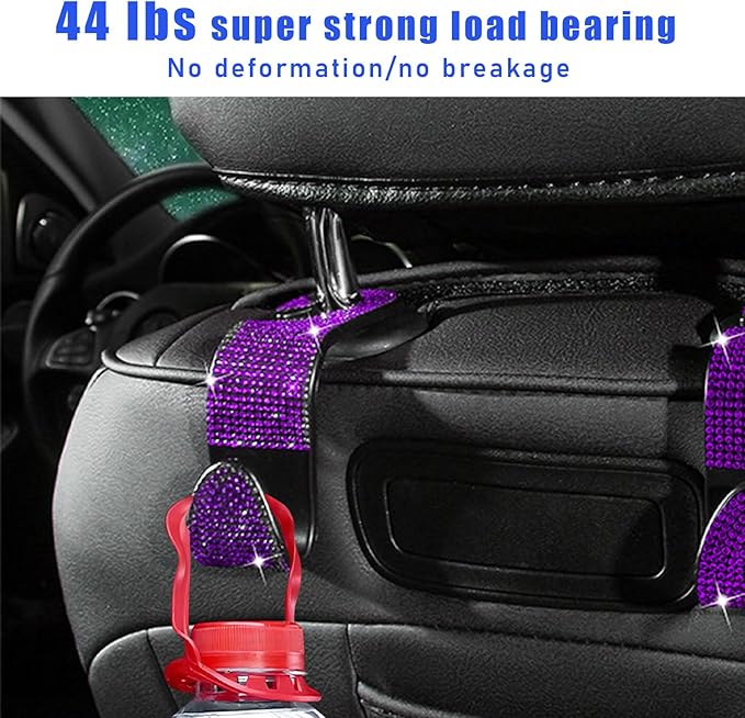 Ohleats 2 PCS Bling Car Seat Headrest Hooks, Crystal Rhinestone Back Seat Hanging Storage Organizer, Vehicle Seat Hanger Holder for Purse Handbag Coat, Interior Car Accessories (Purple)