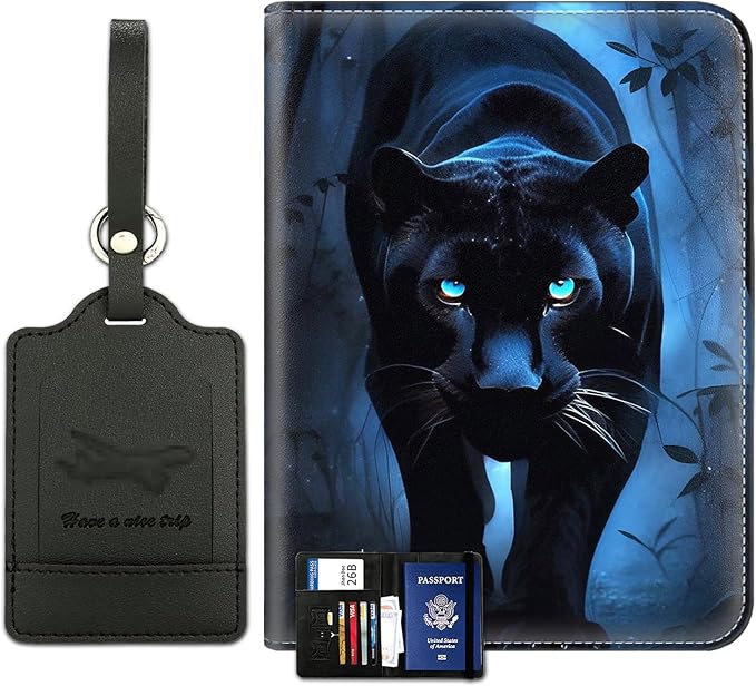Passport Wallet, Passport Holder with RFID Blocking and Luggage Tag, Waterproof PU Leather Travel Documents Organizer Case, Passport Covers with Card Slot for Women & Men, Black Tiger Passport Book