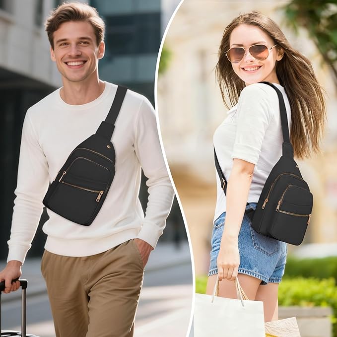 Small RFID Waterproof Travel Crossbody Sling Bags for Women Men, Black Hands Free Lightweight Sling Backpack Chest Bag Daypack for Outdoors Hiking Traveling Fitness Daily Commuting Shopping