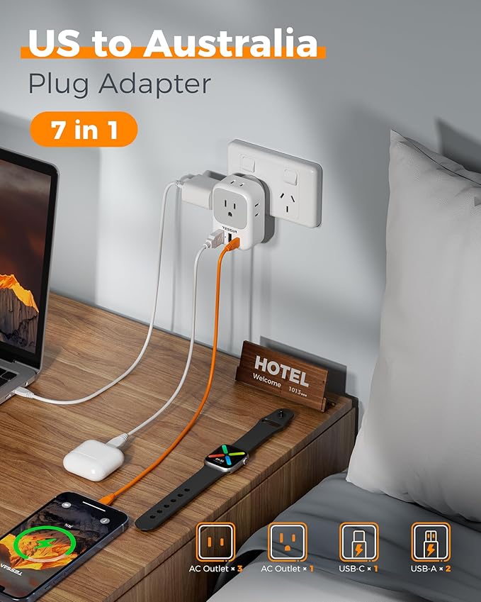 Australia New Zealand Power Adapter, TESSAN Type I Travel Adaptor with 4 American Outlets 3 USB Ports (1 USB C 20W), Plug Adapter for US to Australian Argentina China Fiji Cook Islands AU NZ