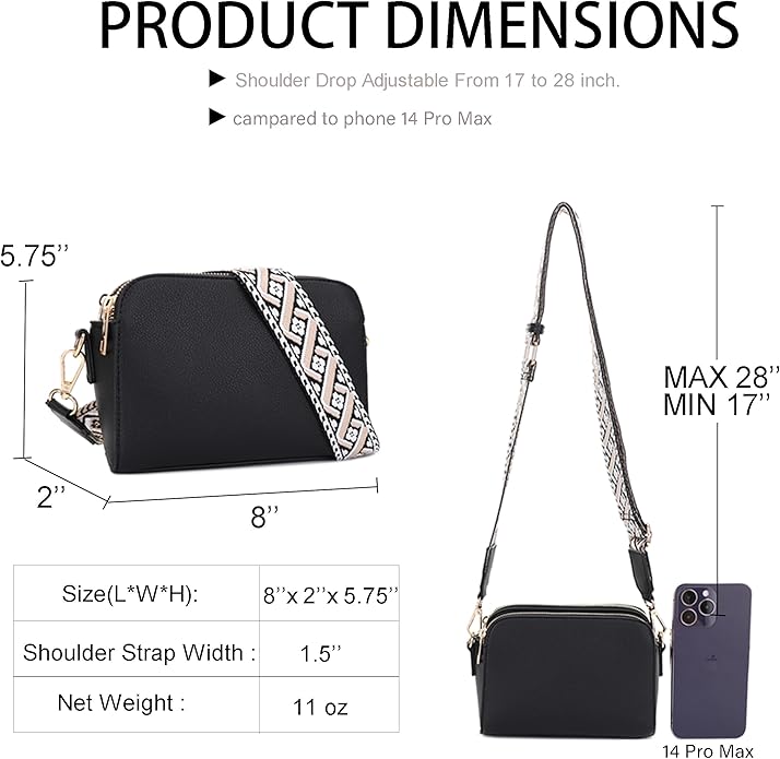 EVVE Crossbody Bags for Women Trendy Triple Zip Small Crossbody Camera Bag Purse with Wide Guitar Strap