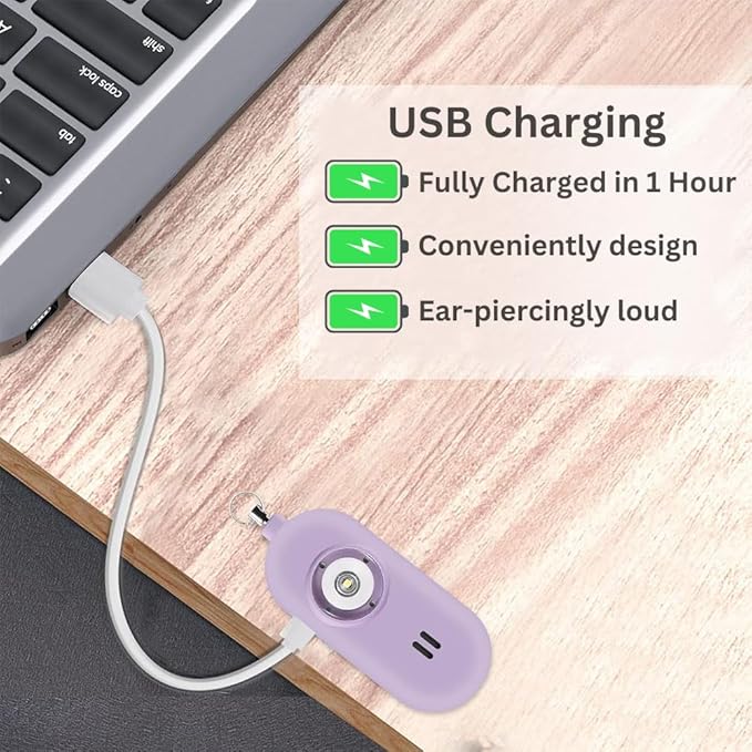 Rechargeable Personal Safety Alarm for Women. 130dB Siren. Ear-Piercingly Loud w/ Flashing LED Strobe Light Siren Keychain