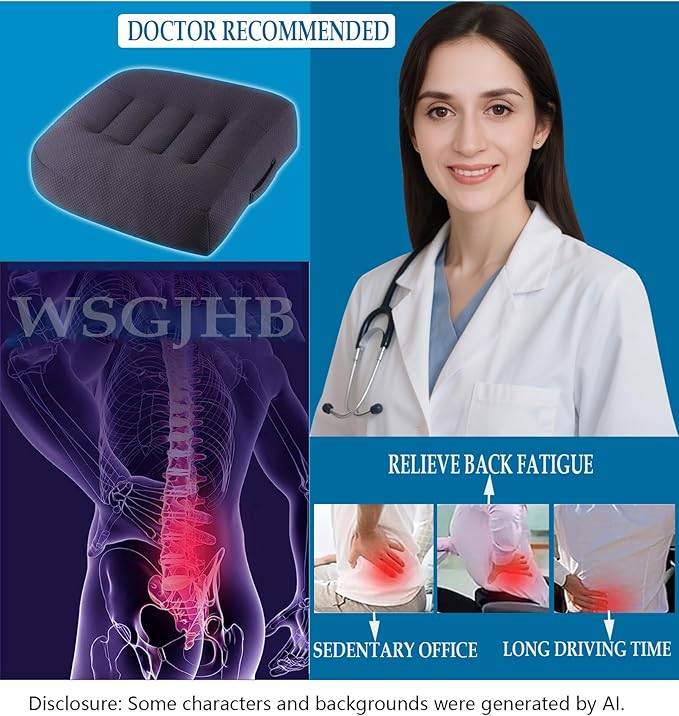 WSGJHB Large Seat Cushion, Extra Thick Booster Seat Cushions for Office Chairs Long Sitting Office Workers, Car Drivers, Relieves Back Pain, Breathable, Anti-Slip, 20x20x6 inchs, Black