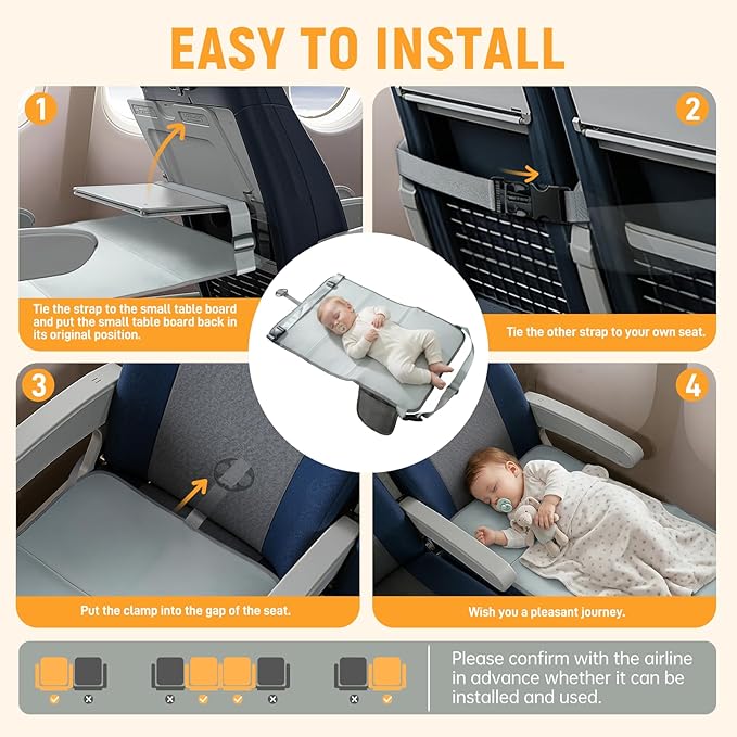 Grey Large Toddler Airplane Bed, Foldable Airplane Seat Extender Footrest, Portable Soft Kids Travel Sleeping Bed, Multi-Scene Flight Essentials for Toddlers Up to 55 lbs