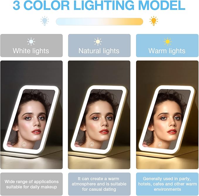 Kintion Travel Makeup Mirror, Portable LED Lighted Makeup Mirror, 360° Rotation Touch Screen Vanity Mirror, 60 LEDs, 3-Color Dimmable Lighting, Rechargeable Tabletop Folding Cosmetic Mirror, Blue