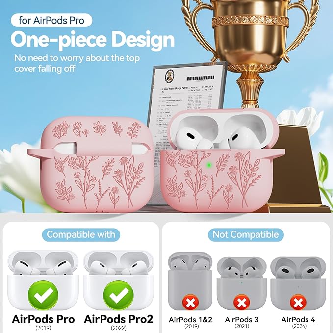Flower Engraved Case for Apple AirPods Pro 2 Gen with Clean Kit,Soft Silicone Protective Case Cover for AirPods Pro 2nd/1st Generation AirPod Case Carabiner,Front LED Visible,Pink