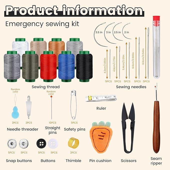 TLKKUE Sewing Kit, Travel Sewing Kit with Upholstery Threads, Hand Sewing Needles Curved Needle Seam Ripper, Needle and Thread Kit for Sewing Repair Clothing DIY (9 Colors Thread)