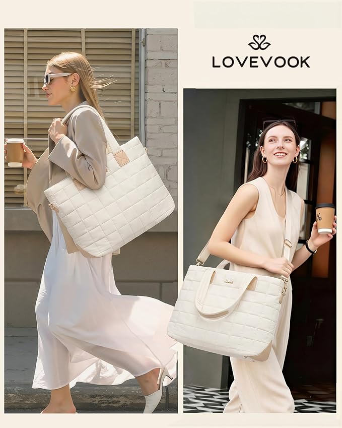 LOVEVOOK Laptop Tote Bag for Women, 17 Inch Large Puffer Work Computer Tote Bags for Teacher Nurse, Quilted Women's Purse Tote Shoulder Handbags with Zipper for Travel College Office Gym, Beige
