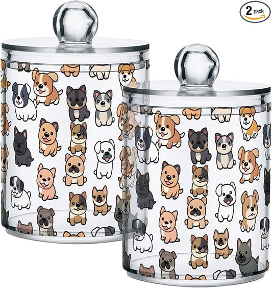 2 Pack Qtip Holder Organizer Dispenser Dogs Cartoon Bathroom Storage Canister Cotton Ball Holder Container for Cotton Pads/Swabs/Floss