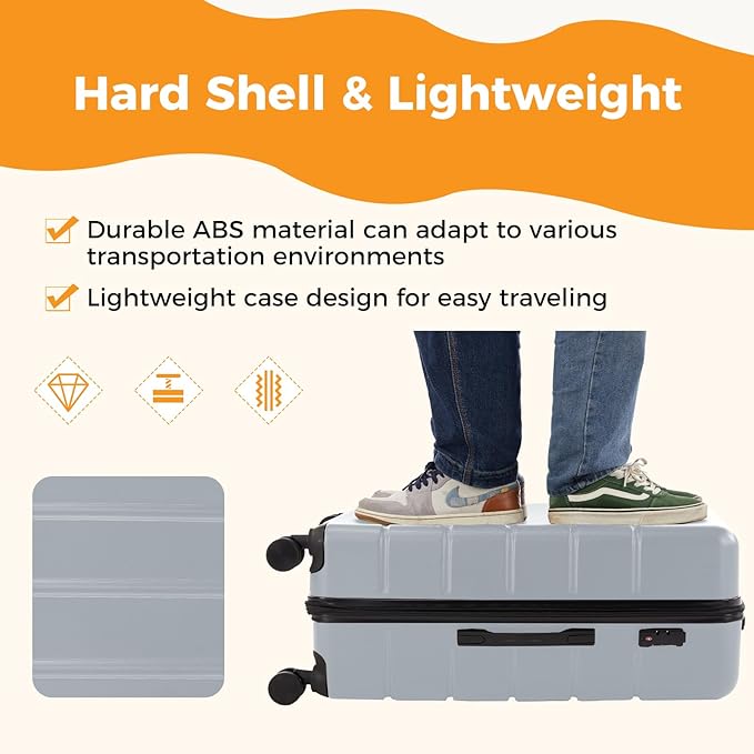 NEWBULIG 20 Inch Carry On Luggage, ABS Hard Shell Lightweight Rolling Expandable Suitcase with Double Spinner Wheels & TSA Lock, Travel Suitcase for Business Trips and Short Vacations, Light Grey