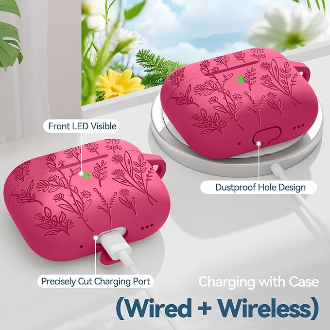 Flower Engraved Case for Apple AirPods Pro 2nd/1st Generation, Soft Silicone AirPods Pro 2 Gen Protective Cover for Women Airpod Cases with Clean Kit,Carabiner,Front LED Visible