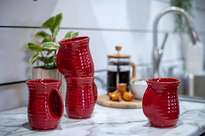 Elanze Designs Ribbed 14 ounce Ceramic Stoneware Handwarmer Mugs Set of 4, Red