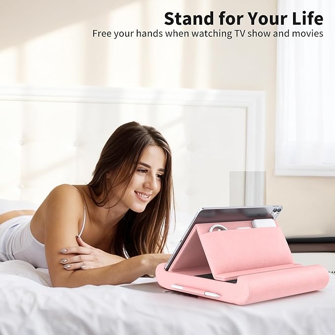 CreaDream Tablet Pillow Stand, Foldable Tablet Holder for Lap, Bed and Desk, Soft Pillow Pad with Pocket and Stylus Mount, for 4-13" Tablets, Like iPad Pro 11, 13, Air, Mini, Kindle, Galaxy Tab, Pink