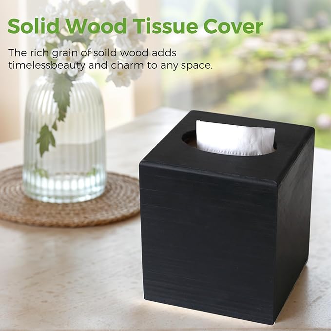 S310 Wood Tissue Box Cover, Square Tissue Box Holder with Slide-Out Bottom, Wooden Cube Tissue Covers Tissue Holders for Bathrooms Office Kitchen, Black