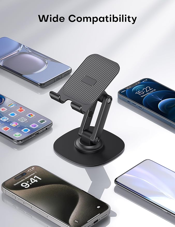 OMOTON Cell Phone Stand for Desk, 2 Pack Adjustable Foldable Phone Holder, 360 Swivel Mobile Stand Fit for iPhone 17 16 15 14 13 Pro Max and All Smart Phones, Black & Black