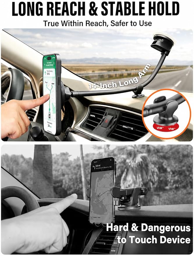APPS2Car for MagSafe Car Mount for Dad, Magnetic Phone Holder for Car Upgraded 14-Inch Long Arm Suction Cup, Windshield Phone Mount fits iPhone 17 Pro Max Plus 16 15 14 13 12 Mini