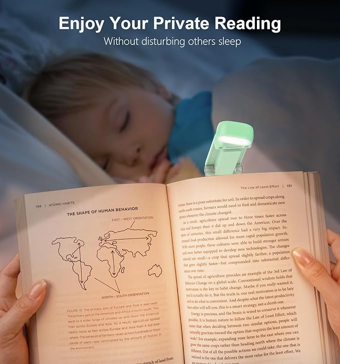 Gritin Book Light Rechargeable, Reading Light Lamp Clip on Book, Eye Caring 3 Colors, 5 Brightness & Stepless Dimming, Long Lasting up to 80hrs, Portable Mini Book Light for Book Lovers-Cyan